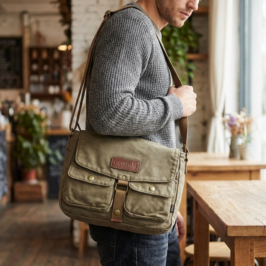 Vintage khaki unisex crossbodyväska Carryforge, perfekt för smidig vardag.