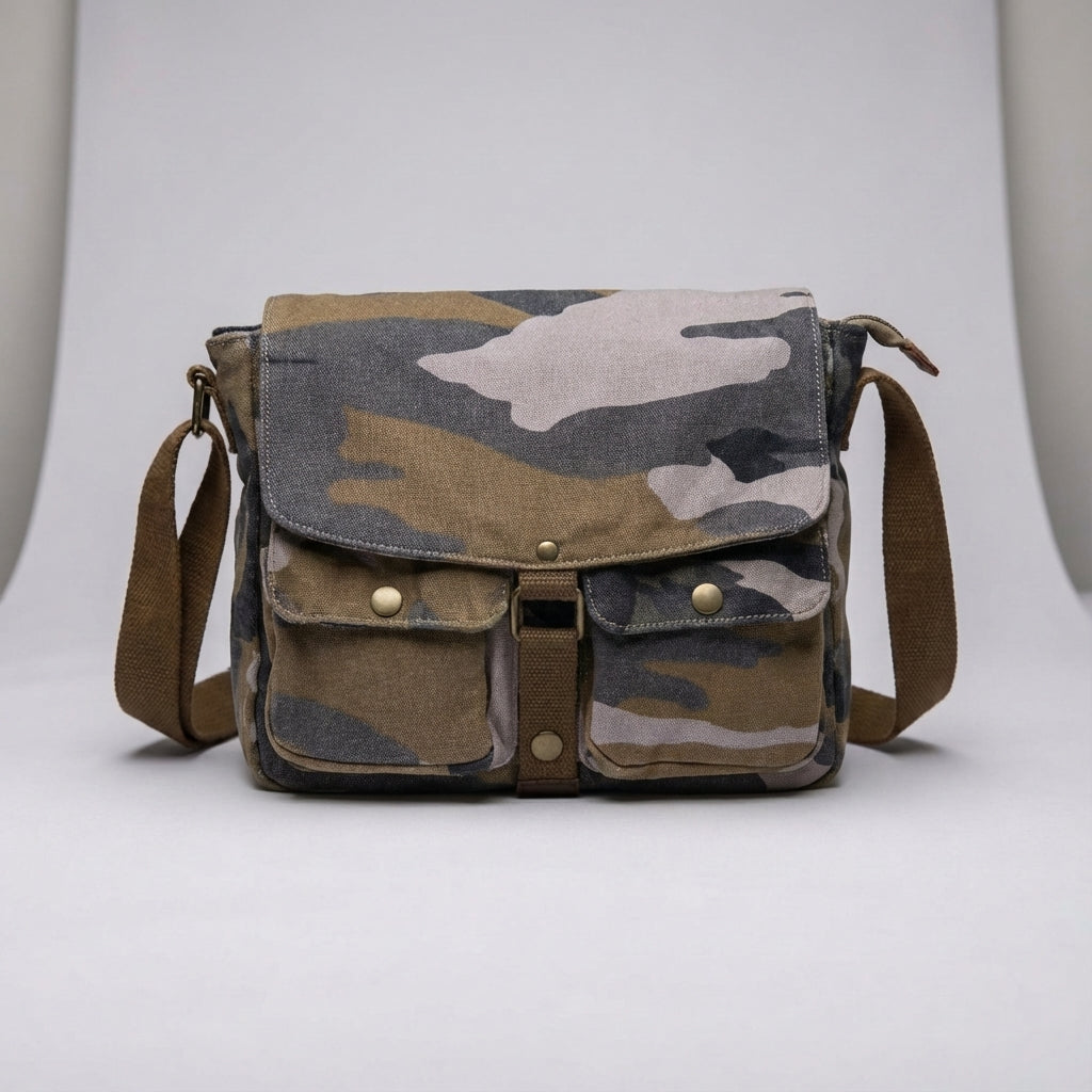 Mörkgrå vintage crossbodyväska. Tålig kanvas axelväska för unisex, idealisk för vardagen.