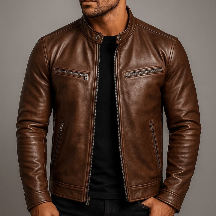 Mörkbrun vintagestil bikerjacka för män med stående krage