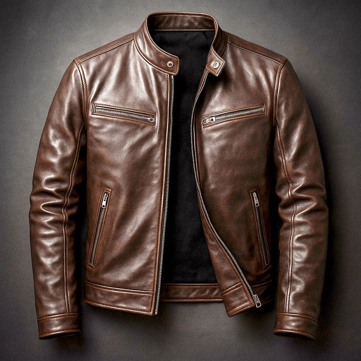 Svart vintage bikerjacka i läder för herr med dragkedja och detaljer, perfekt höstjacka.