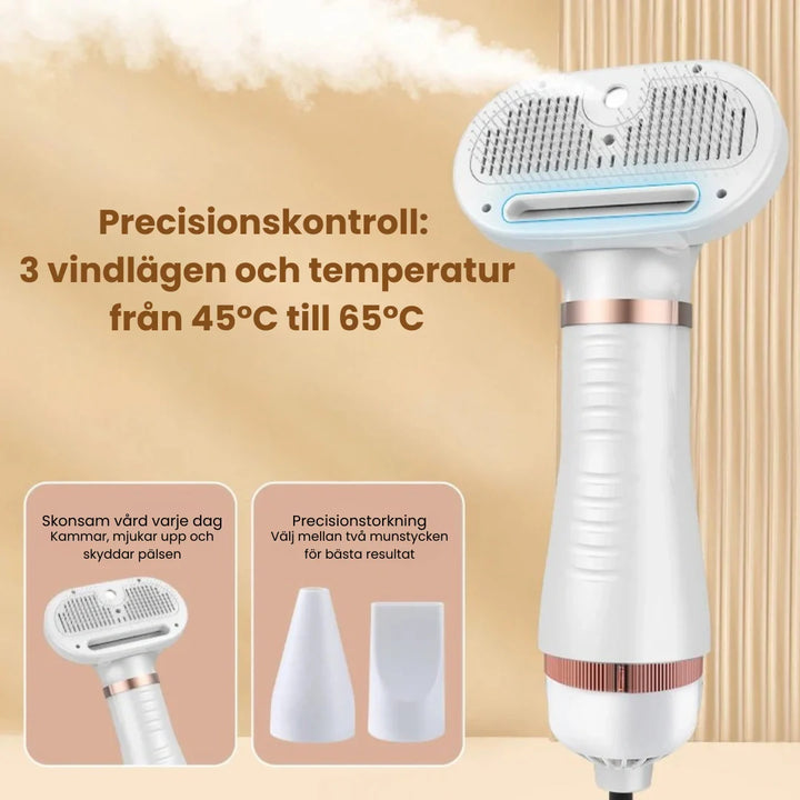 Skonsam vit torkborste och pälsfön för husdjur. Perfekt för hund- och kattgrooming.