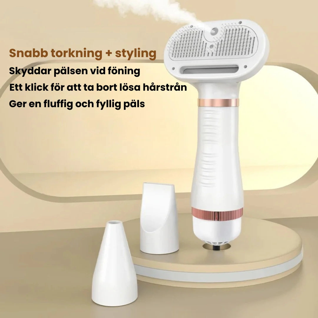 Vit fönkarda 3-i-1 för skonsam och snabb pälstorkning och borstning av husdjur.