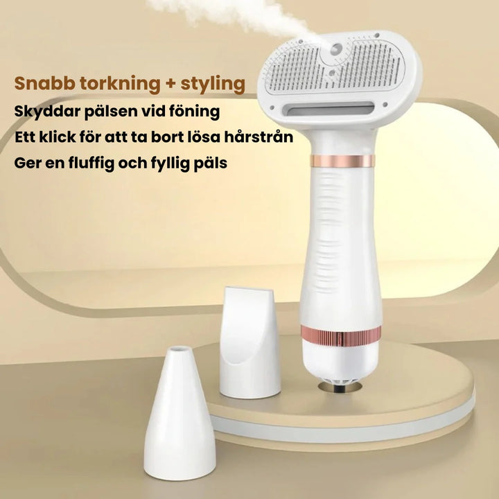 Vit fönkarda 3-i-1 för skonsam och snabb pälstorkning och borstning av husdjur.