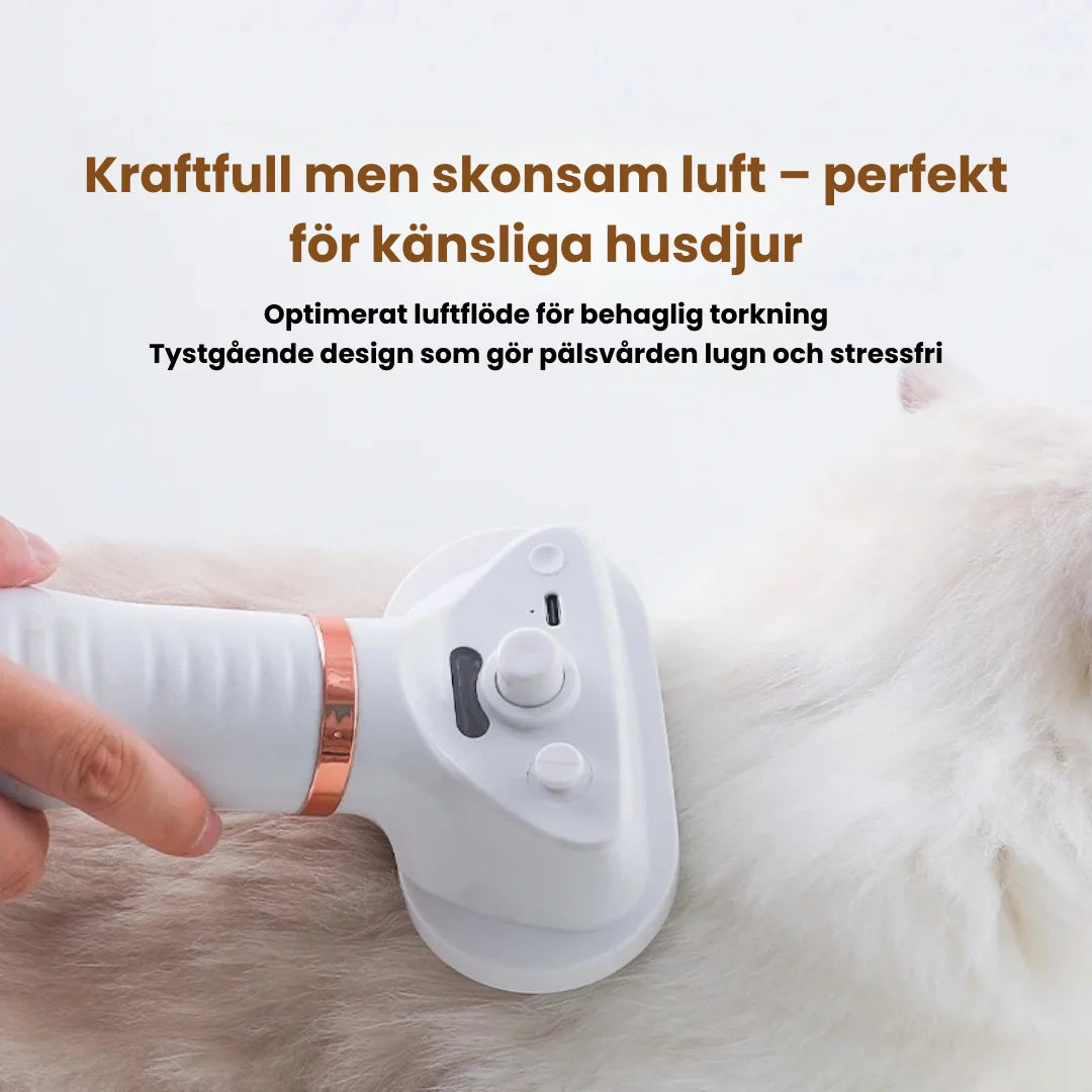 Vit 3-i-1 djurfön för effektiv och skonsam pälsvård av hundar och katter. Gör grooming enklare.