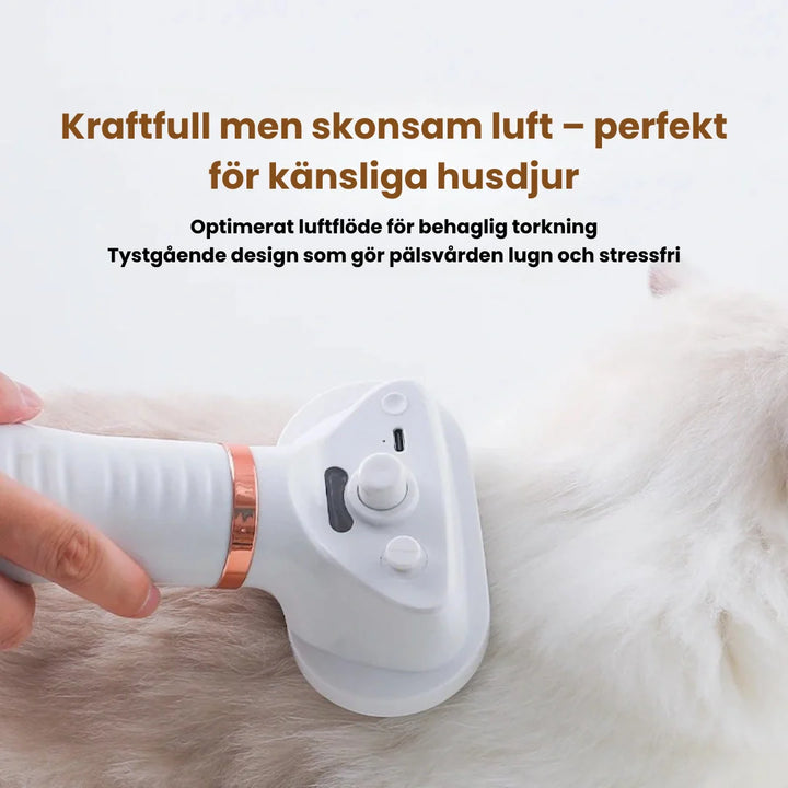 Vit 3-i-1 djurfön för effektiv och skonsam pälsvård av hundar och katter. Gör grooming enklare.