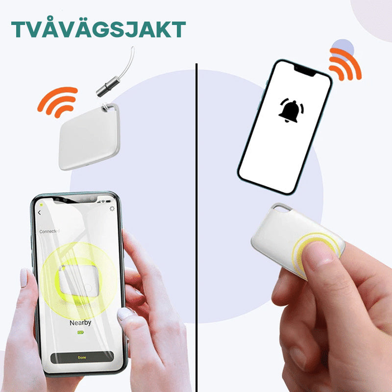 Smart Bluetooth-spårare i vit färg, kompakt och bärbar, idealisk för nycklar, husdjur och fordon.
