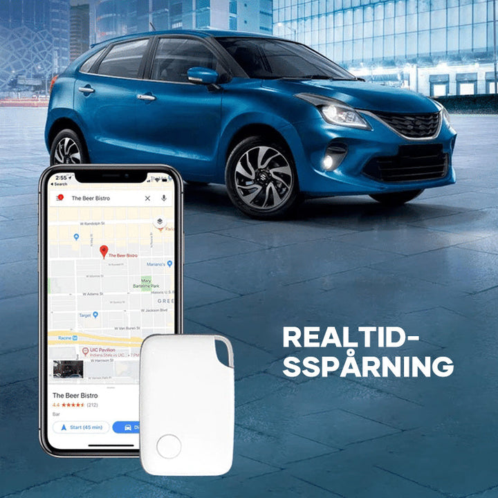 Smart Bluetooth-spårare i vit färg, kompakt och bärbar, idealisk för nycklar, husdjur och fordon.