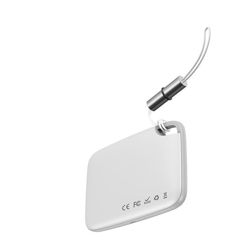Smart Bluetooth-spårare i vit färg, kompakt och bärbar, idealisk för nycklar, husdjur och fordon.