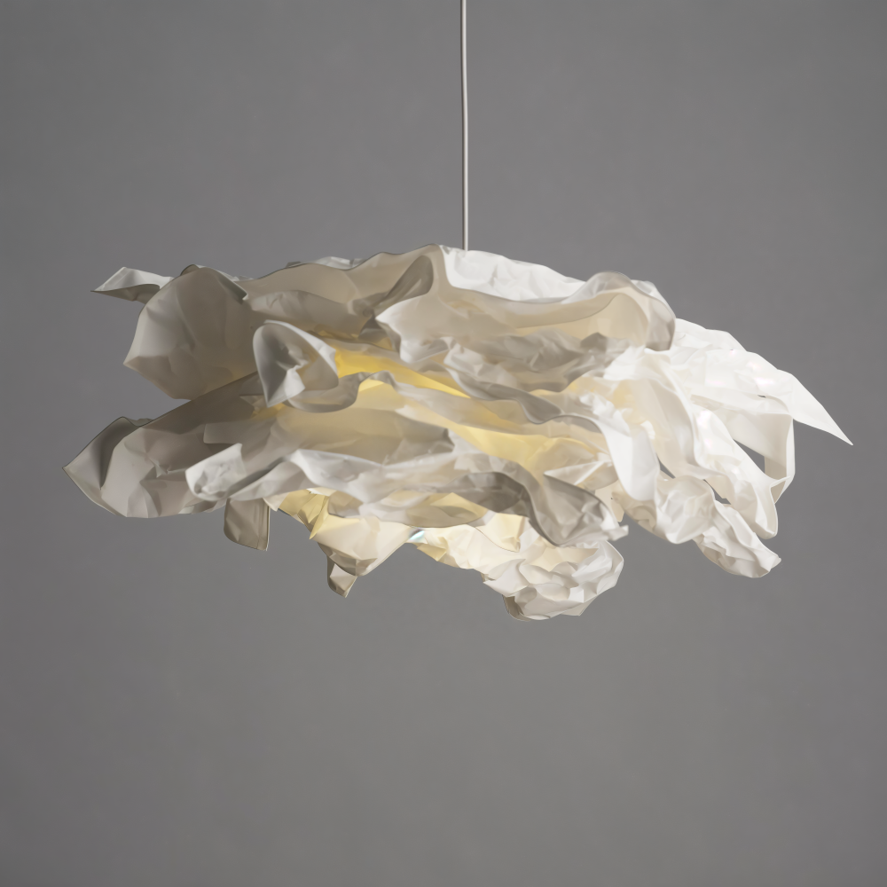 Konstnärlig vit DIY papperslampa, en modern taklampa som en skulptur i rummet.
