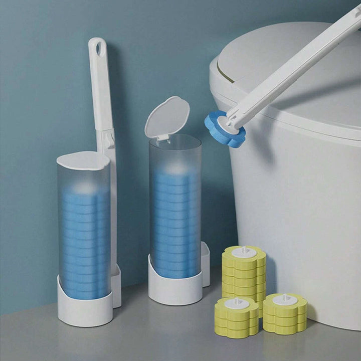 "Vit engångsrengöringsverktyg för toalett med förladdat svamphuvud, plastmaterial, inkluderar 18 svamphuvuden."