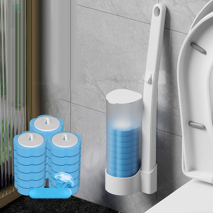"Vit engångsrengöringsverktyg för toalett med förladdat svamphuvud, plastmaterial, inkluderar 18 svamphuvuden."