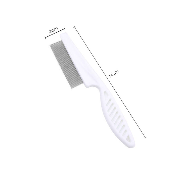 "Vit ergonomisk avtrasselgrooming kam för husdjur med rostfria rundade stift och bekvämt grepp för pälsskötsel."