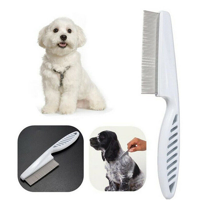 "Vit ergonomisk avtrasselgrooming kam för husdjur med rostfria rundade stift och bekvämt grepp för pälsskötsel."