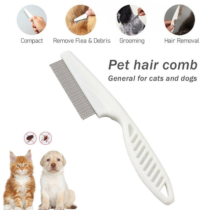 "Vit ergonomisk avtrasselgrooming kam för husdjur med rostfria rundade stift och bekvämt grepp för pälsskötsel."