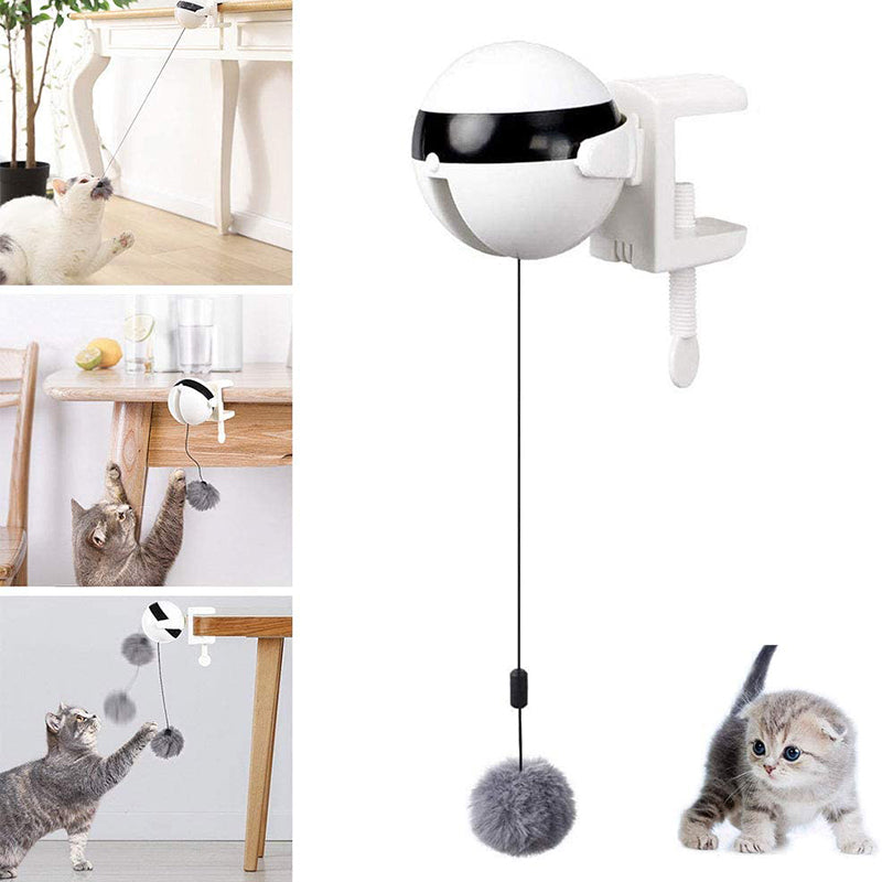 Vit interaktiv kattleksak med roterande hårboll. Aktivering och rolig sysselsättning för katt.