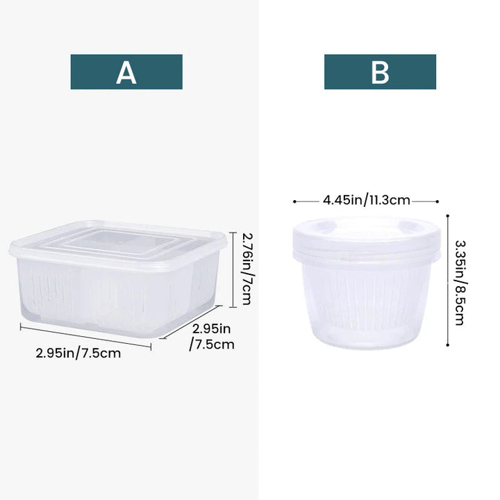 "Vit matbehållare 4 i 1 med filterskikt, flera fack, och robust design i miljövänlig PP-plast för kök och matlagning."