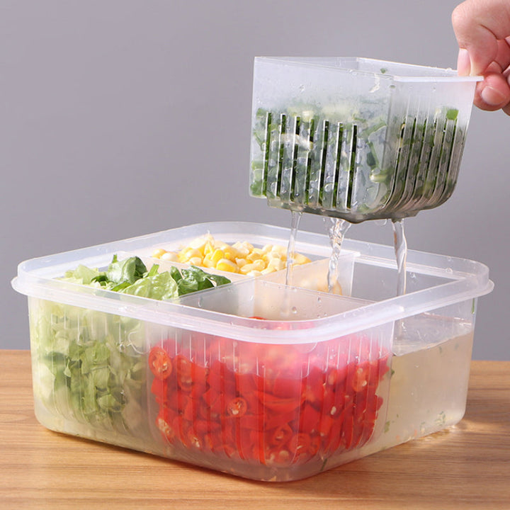"Vit matbehållare 4 i 1 med filterskikt, flera fack, och robust design i miljövänlig PP-plast för kök och matlagning."