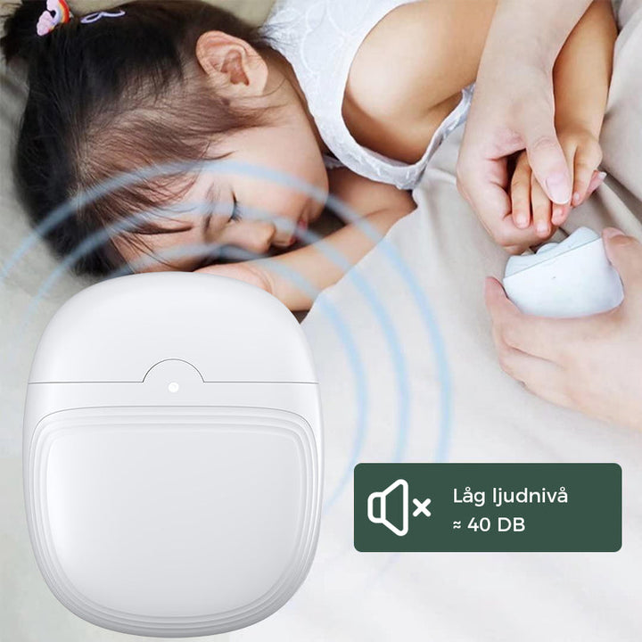 "Vit och grön elektrisk nagelklippare, smart design med ergonomisk grepp och inbyggd nagelspånssamlare."