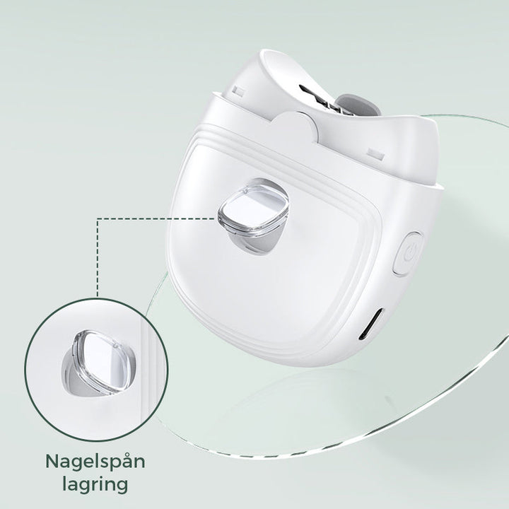 "Vit och grön elektrisk nagelklippare, smart design med ergonomisk grepp och inbyggd nagelspånssamlare."