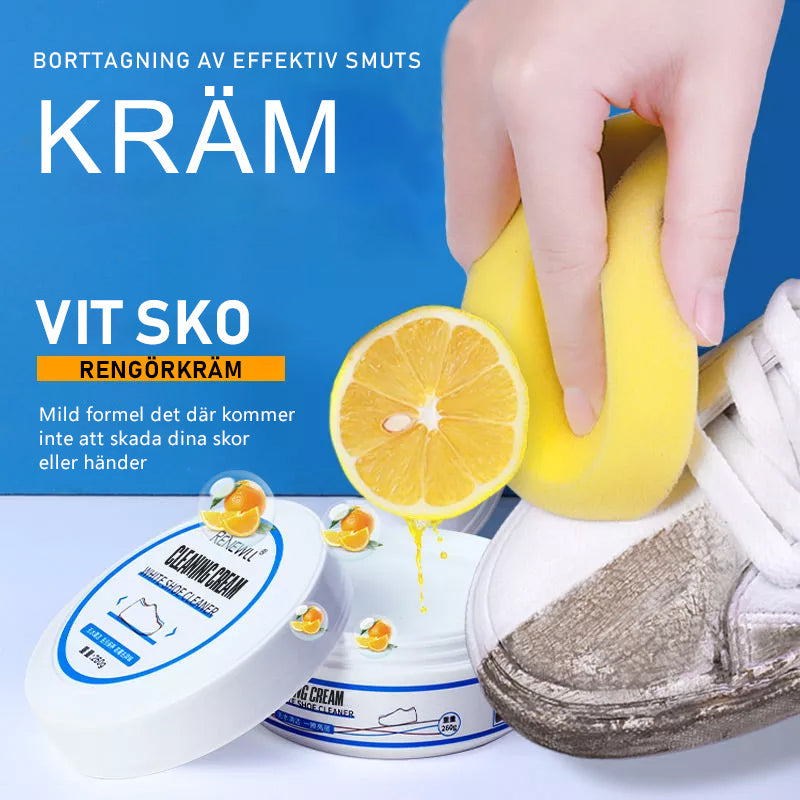 Vit skokräm för effektiv och skonsam rengöring av skor.