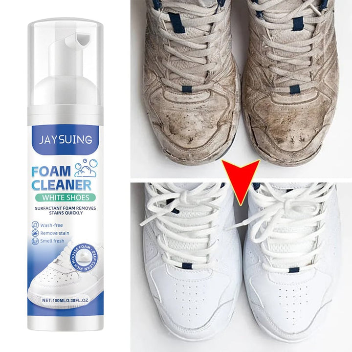 Kraftfull vit skumrengöring för sneakers och skor, skonsam formula för djup rengöring.