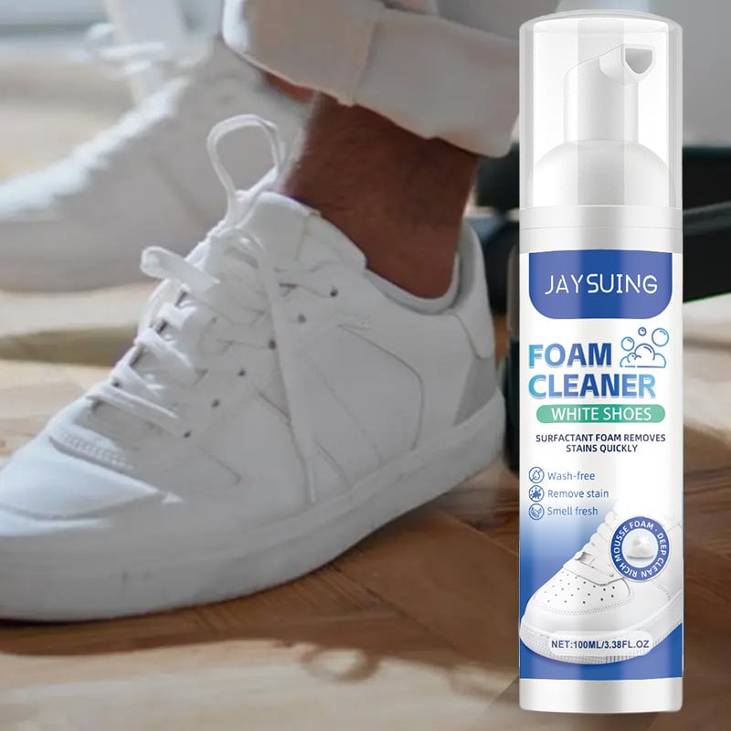 Kraftfull vit skumrengöring för sneakers och skor, skonsam formula för djup rengöring.