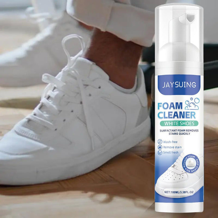 Kraftfull vit skumrengöring för sneakers och skor, skonsam formula för djup rengöring.