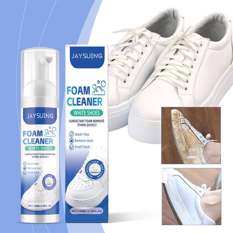Kraftfull vit skumrengöring för sneakers och skor, skonsam formula för djup rengöring.
