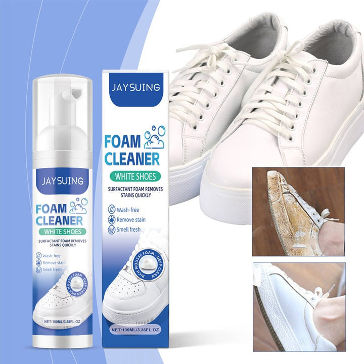 Kraftfull vit skumrengöring för sneakers och skor, skonsam formula för djup rengöring.