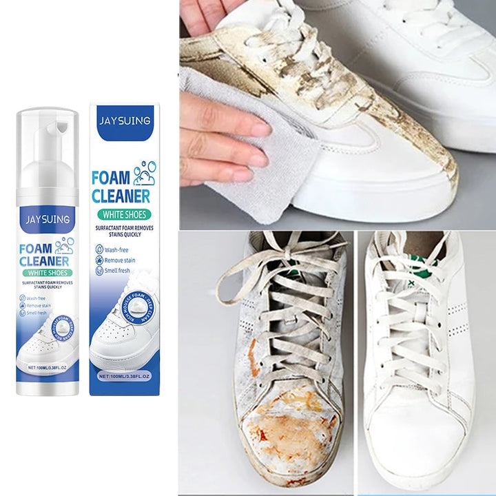 Kraftfull vit skumrengöring för sneakers och skor, skonsam formula för djup rengöring.