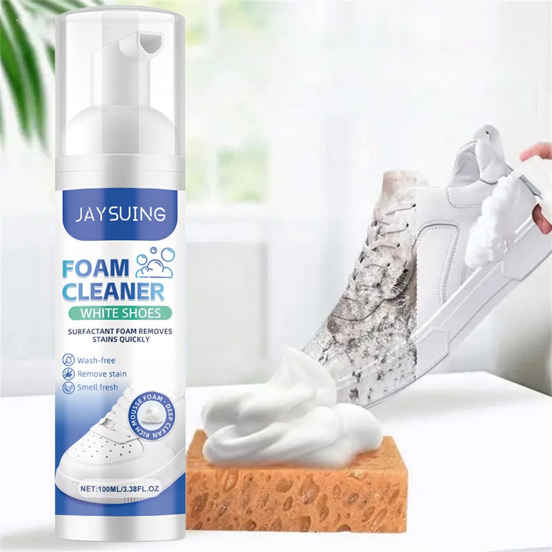 Kraftfull vit skumrengöring för sneakers och skor, skonsam formula för djup rengöring.