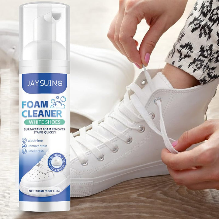 Kraftfull vit skumrengöring för sneakers och skor, skonsam formula för djup rengöring.