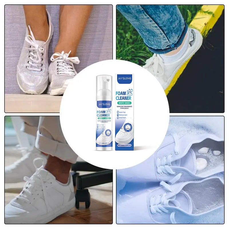 Kraftfull vit skumrengöring för sneakers och skor, skonsam formula för djup rengöring.