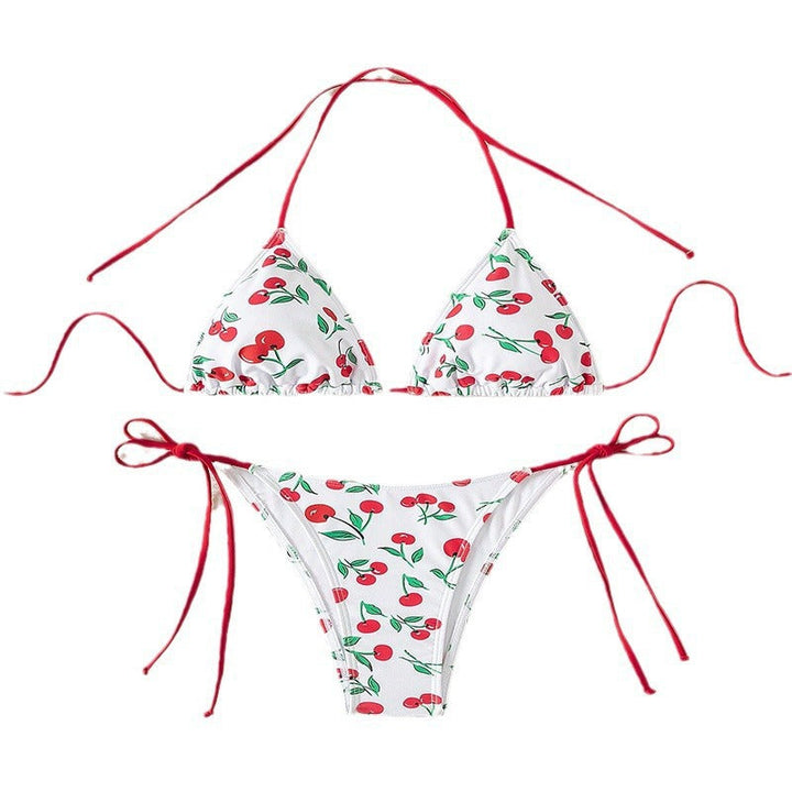 Sommar triangelbikini dam med lekfulla körsbär, knytband. Bekväma badkläder för strand & pool.