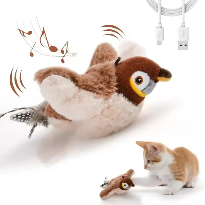 Volino Spinnande Sparv interaktiv kattleksak. Plyschfågel med realistiska fågelljud, USB-laddbar, för lekfull aktivitet.