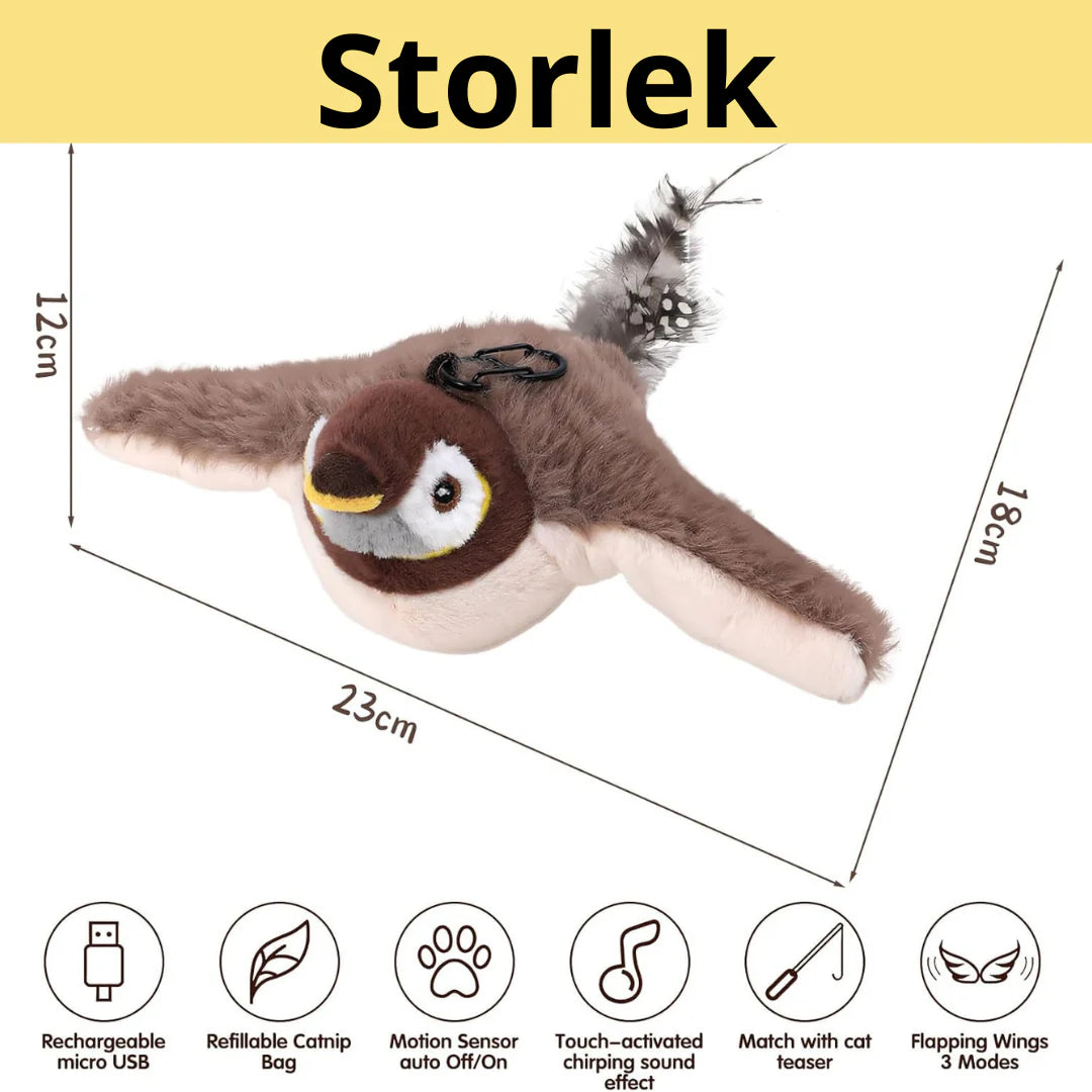 Volino Sparv, USB-laddbar kattleksak. Interaktiv plyschfågel med spinnande rörelse och stimulerande fågelljud för katt.