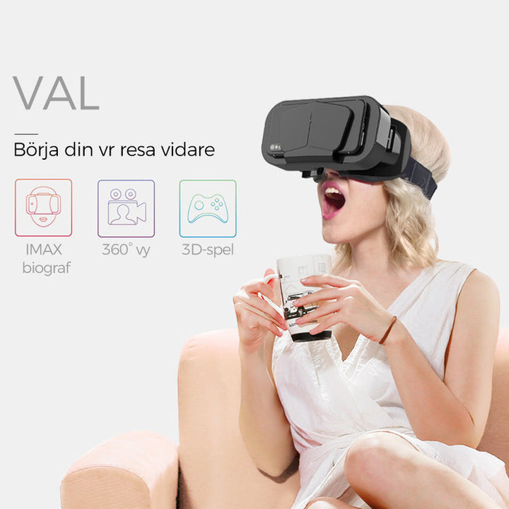 VR panoramaglasögon med Bluetooth, IMAX-ljud; stora svarta linser, justerbara huvudramar, kompakt och hopfällbar design