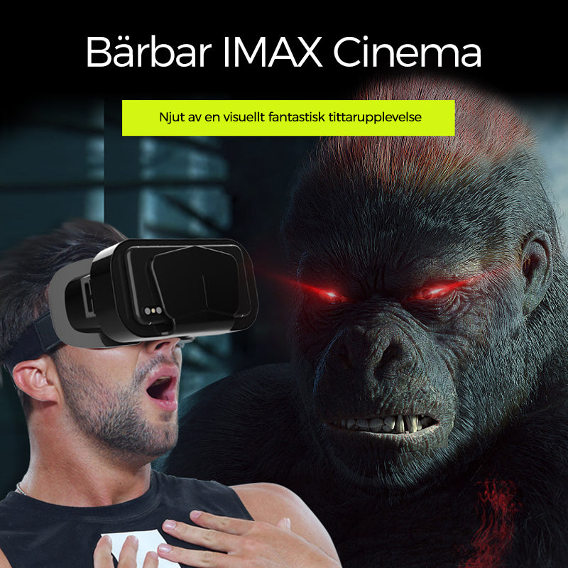 VR panoramaglasögon med Bluetooth, IMAX-ljud; stora svarta linser, justerbara huvudramar, kompakt och hopfällbar design