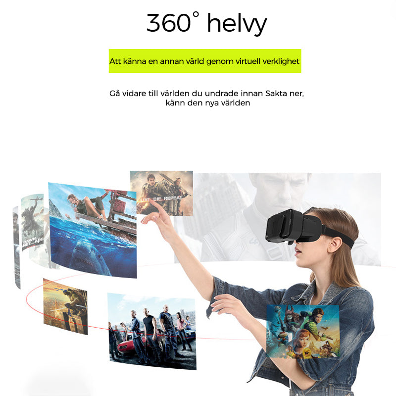 VR panoramaglasögon med Bluetooth, IMAX-ljud; stora svarta linser, justerbara huvudramar, kompakt och hopfällbar design