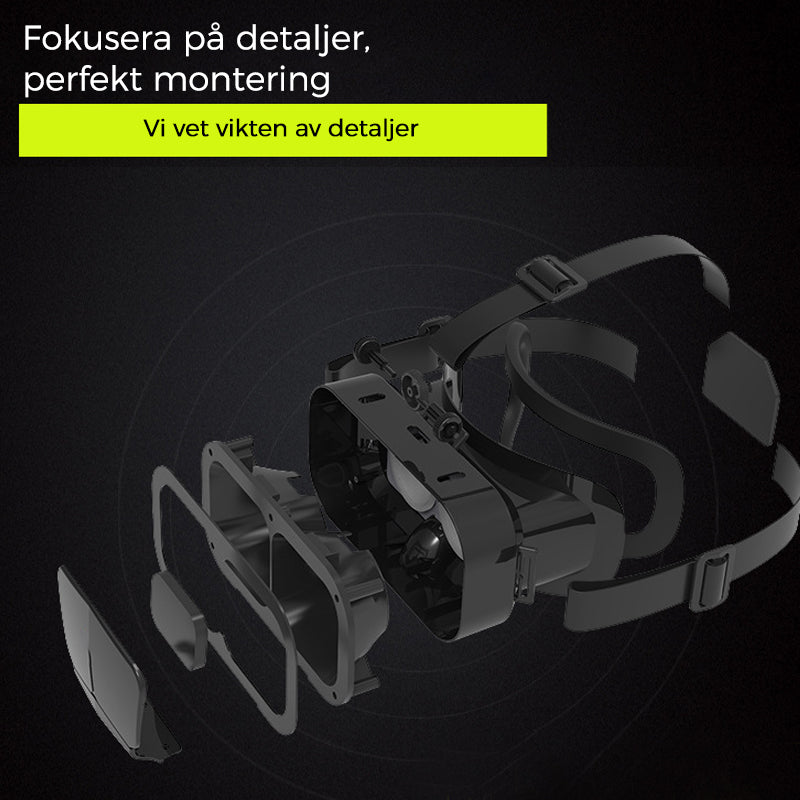 VR panoramaglasögon med Bluetooth, IMAX-ljud; stora svarta linser, justerbara huvudramar, kompakt och hopfällbar design