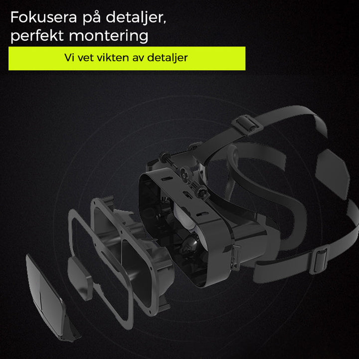 VR panoramaglasögon med Bluetooth, IMAX-ljud; stora svarta linser, justerbara huvudramar, kompakt och hopfällbar design