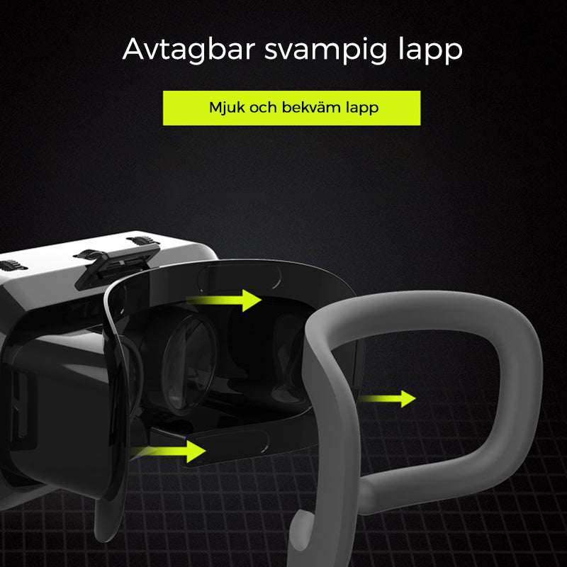 VR panoramaglasögon med Bluetooth, IMAX-ljud; stora svarta linser, justerbara huvudramar, kompakt och hopfällbar design