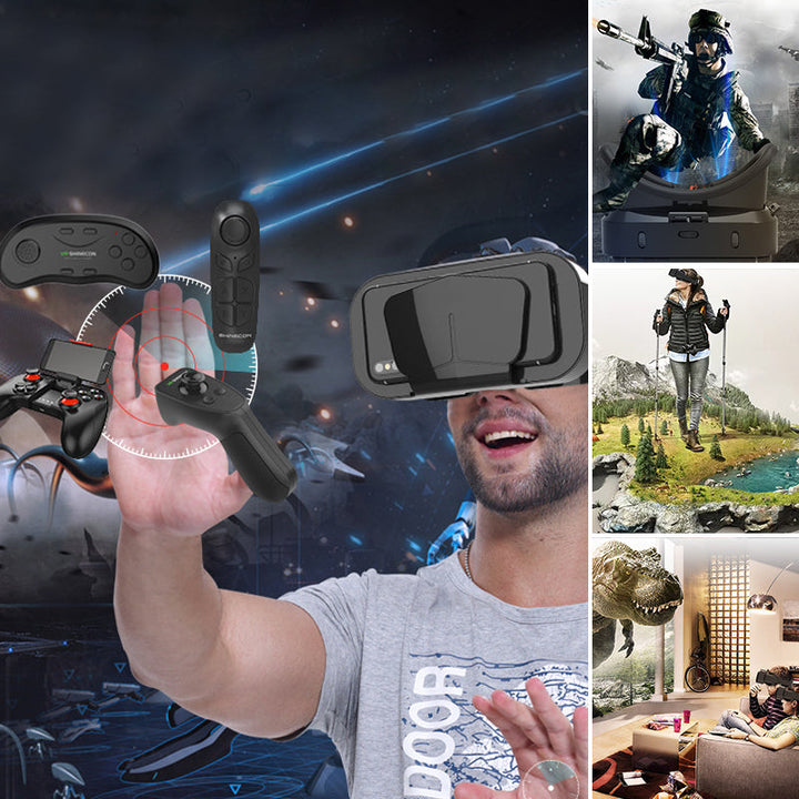 VR panoramaglasögon med Bluetooth, IMAX-ljud; stora svarta linser, justerbara huvudramar, kompakt och hopfällbar design