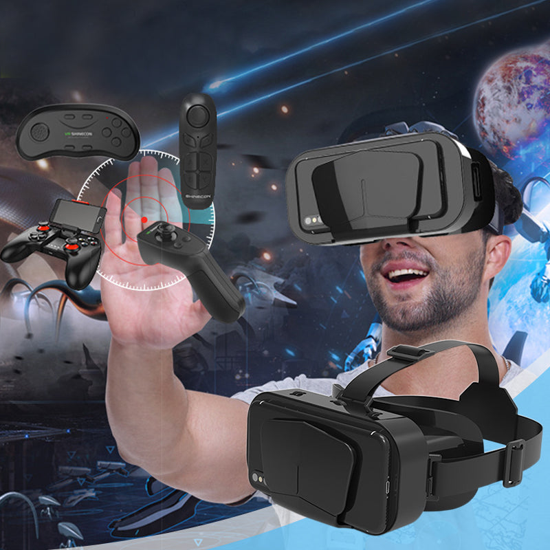 VR panoramaglasögon med Bluetooth, IMAX-ljud; stora svarta linser, justerbara huvudramar, kompakt och hopfällbar design