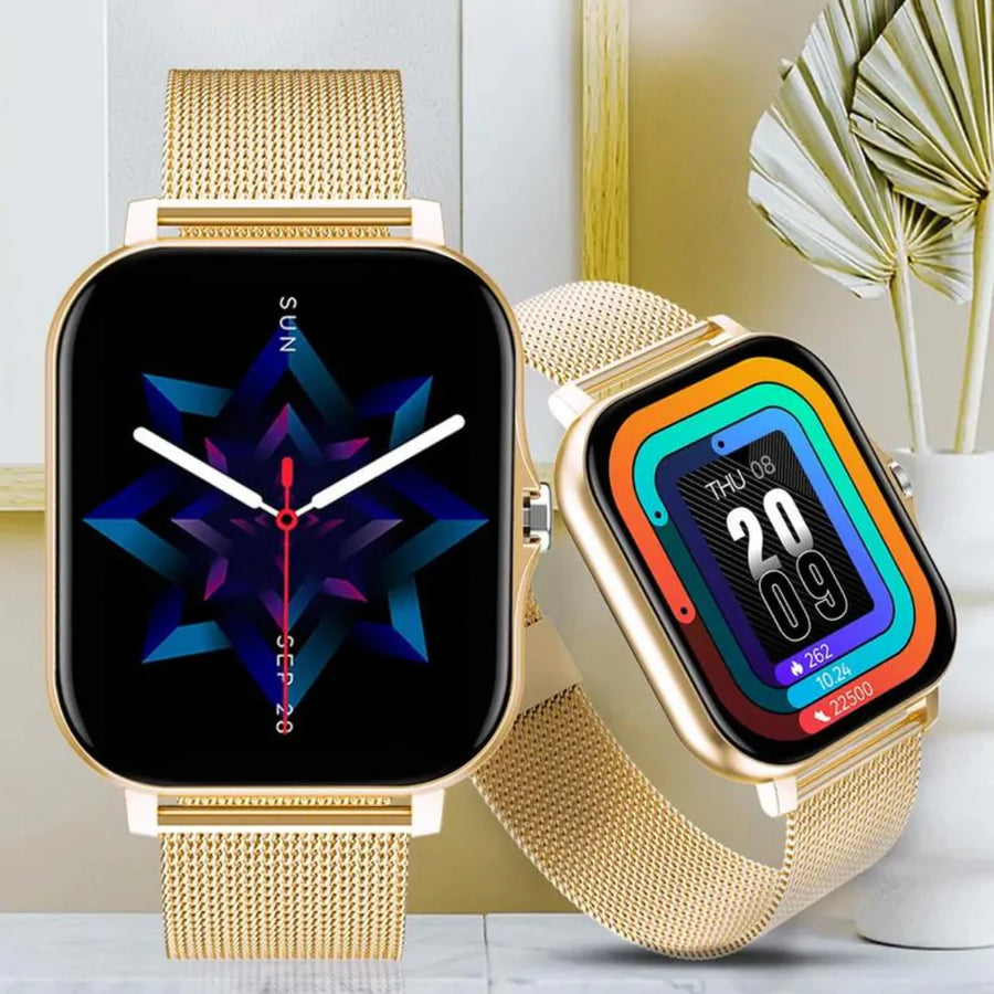 Elegant guldfärgad smartklocka med metallarmband