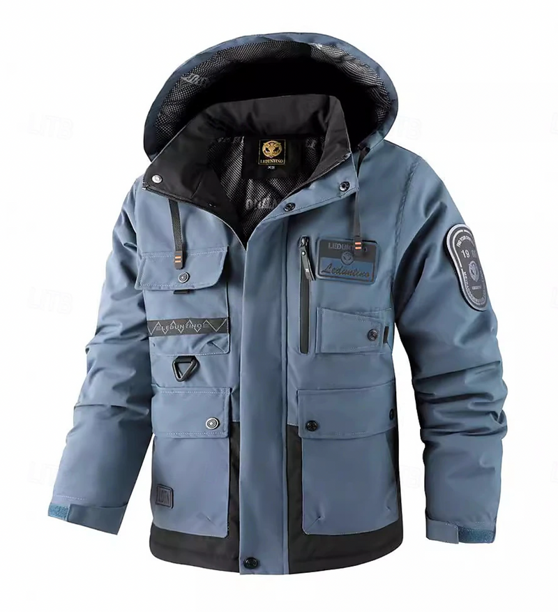 Blå vattentät parkas för män med detaljer och normal passform