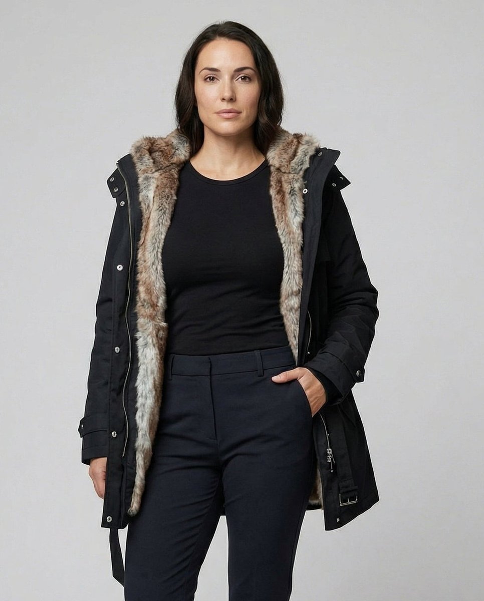 Lång damvinterparka med mysig huva och varmt foder i helfigur