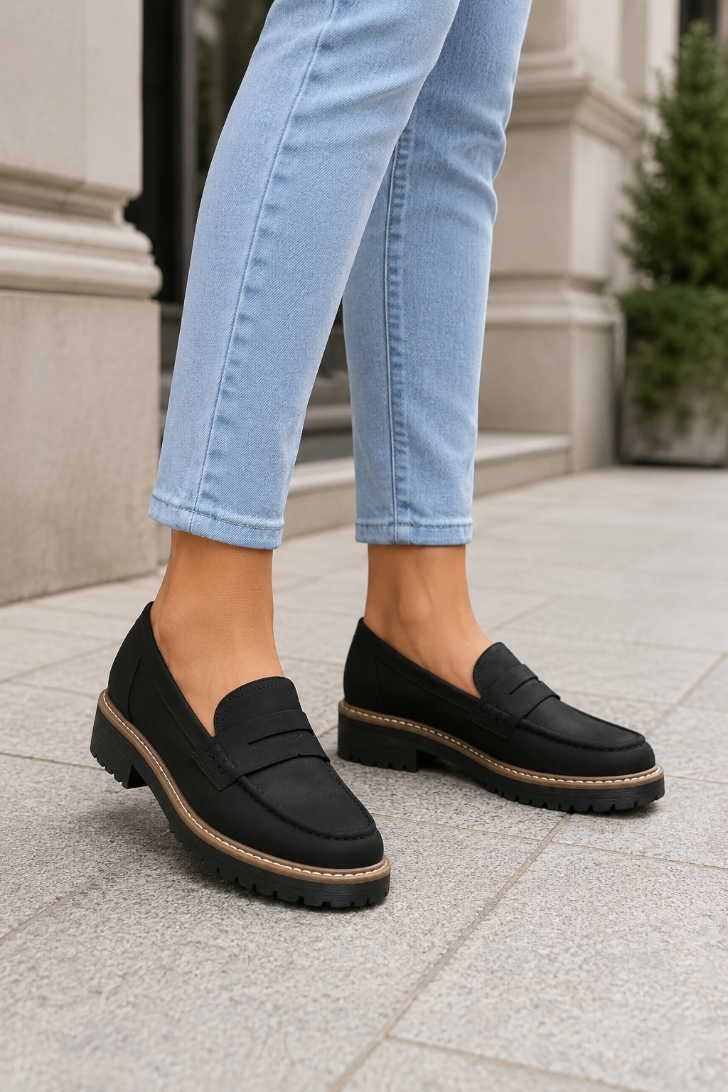 Aveline dam penny loafers med svart grov sula burna med ljusa jeans