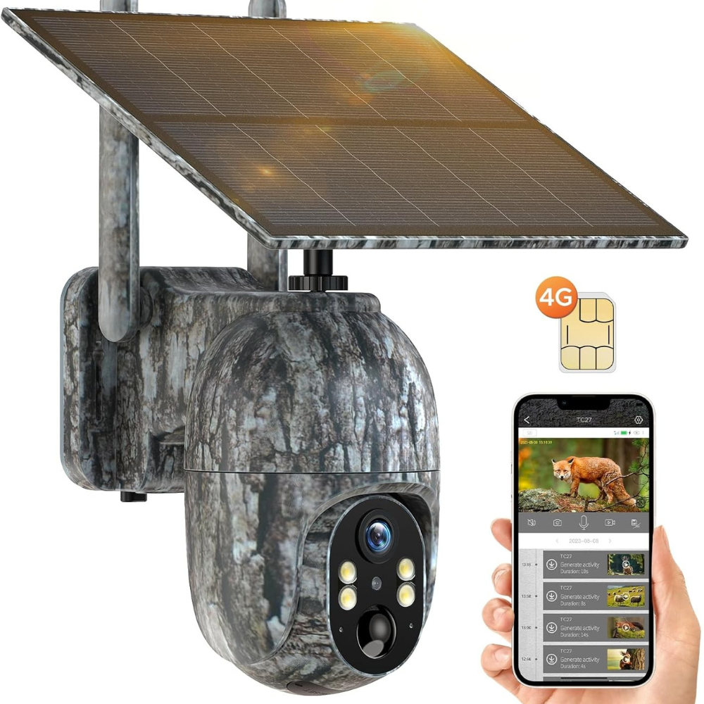 Trådlös 4G solenergi säkerhetskamera med kamouflagefärg och mobilvy