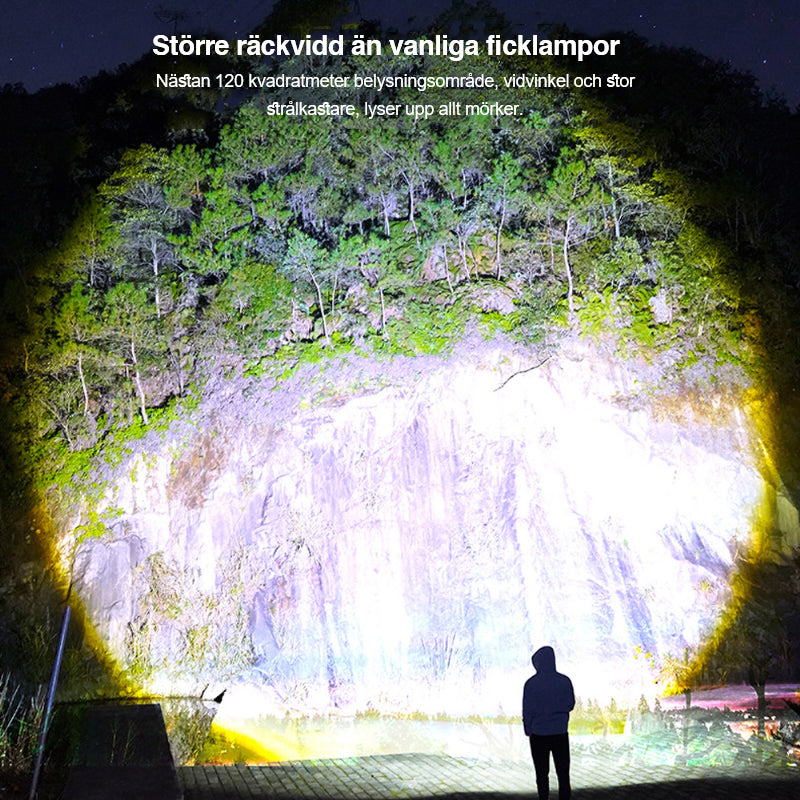 "Zoombar LED-ficklampa, kompakt design i silver, USB-C-laddning, fyra ljuslägen för utomhusäventyr, IP55-skydd."